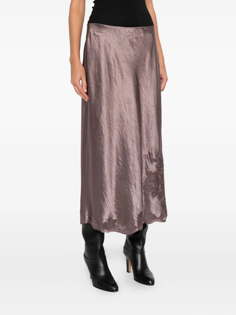 Vince satin finish midi skirt with lace embroidery